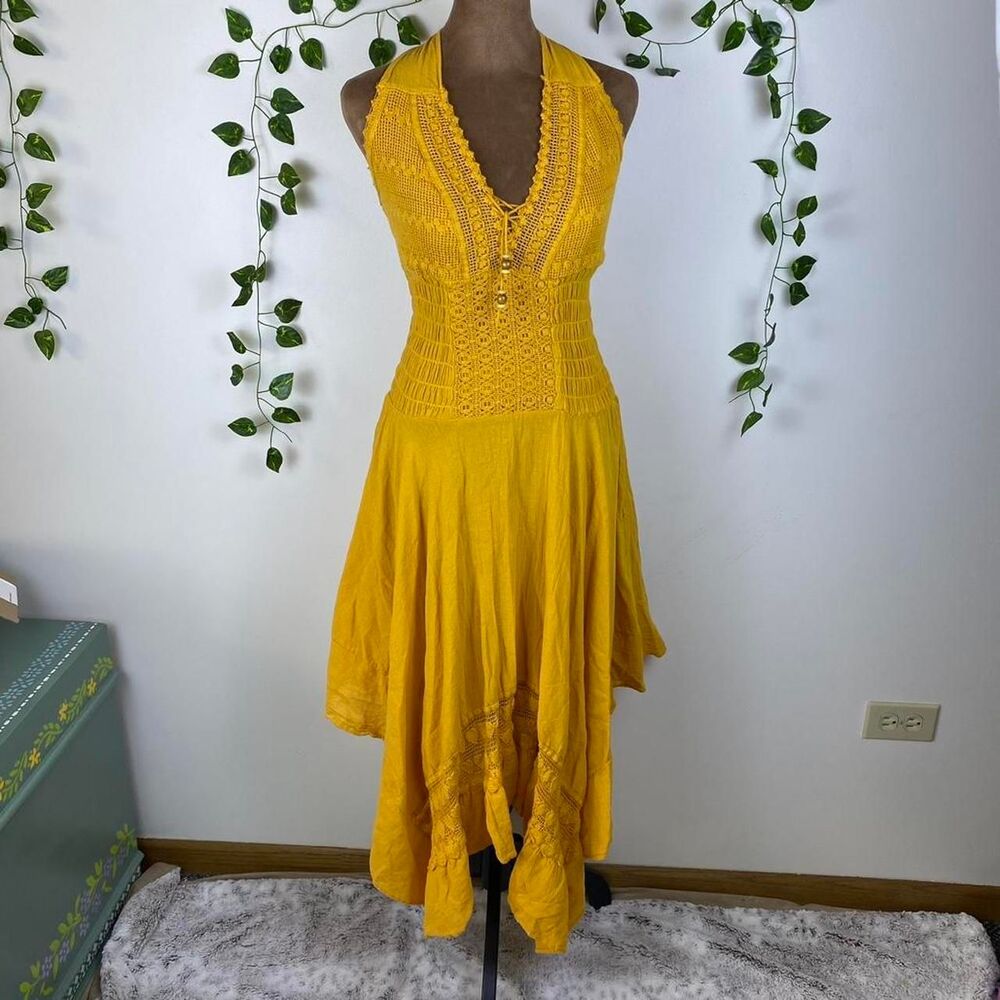 Yellow crochet halter top handkerchief hem dress beaded lace up renaissance boho